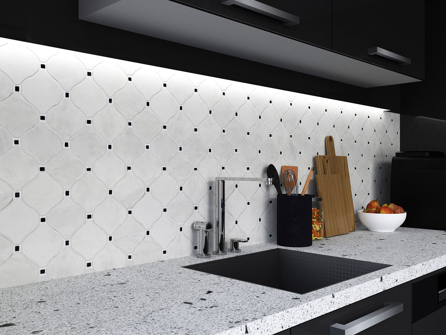 PAS 09-2 Ibiza, Black Dot Honed Marble Waterjet Mosaic