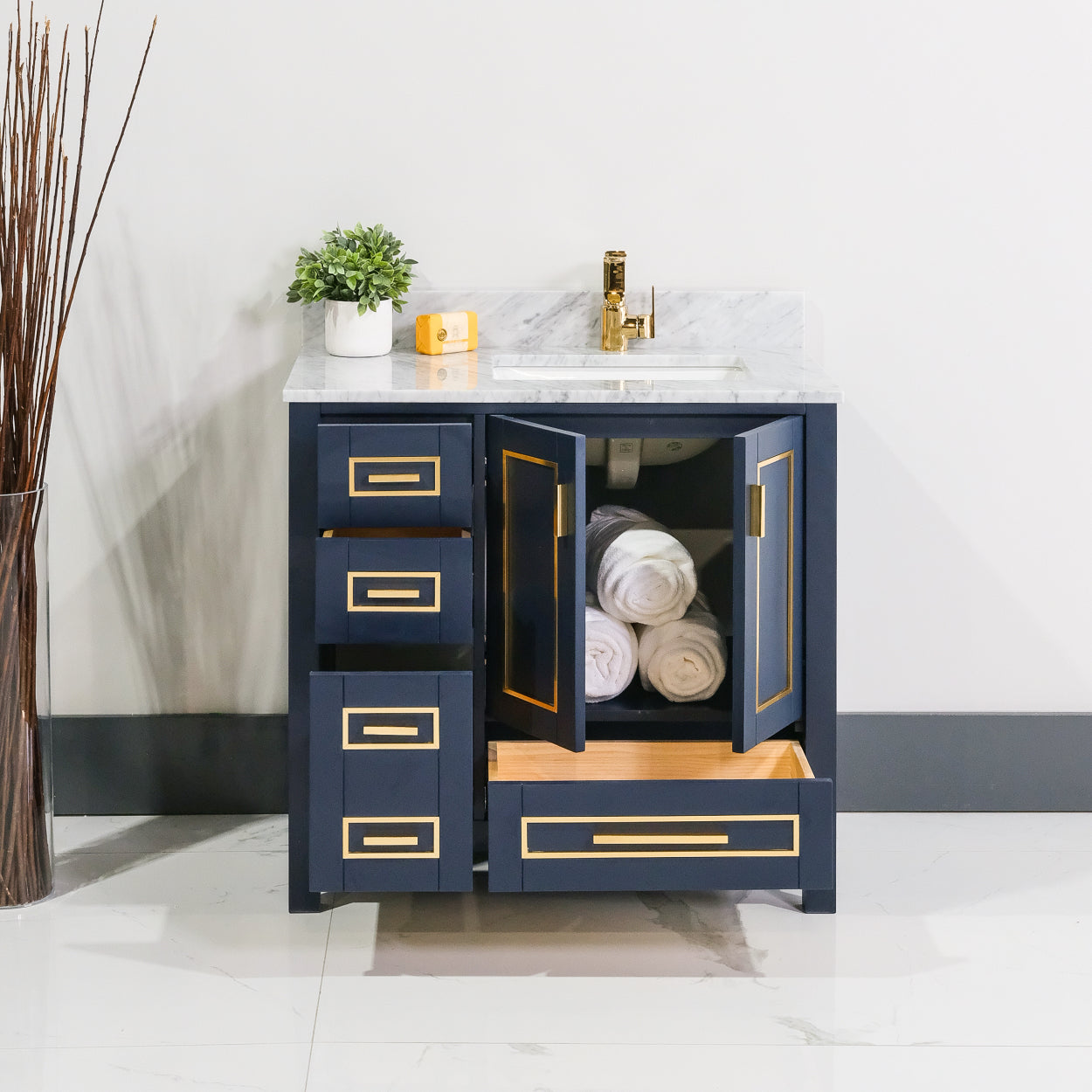 ALP-20A 36 Inch Blue with gold trim solid wood single sink free standing bathroom vanity