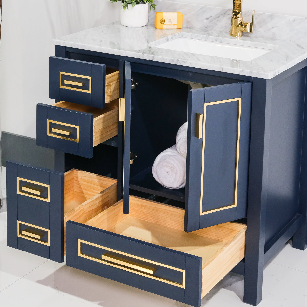 ALP-20A 36 Inch Blue with gold trim solid wood single sink free standing bathroom vanity