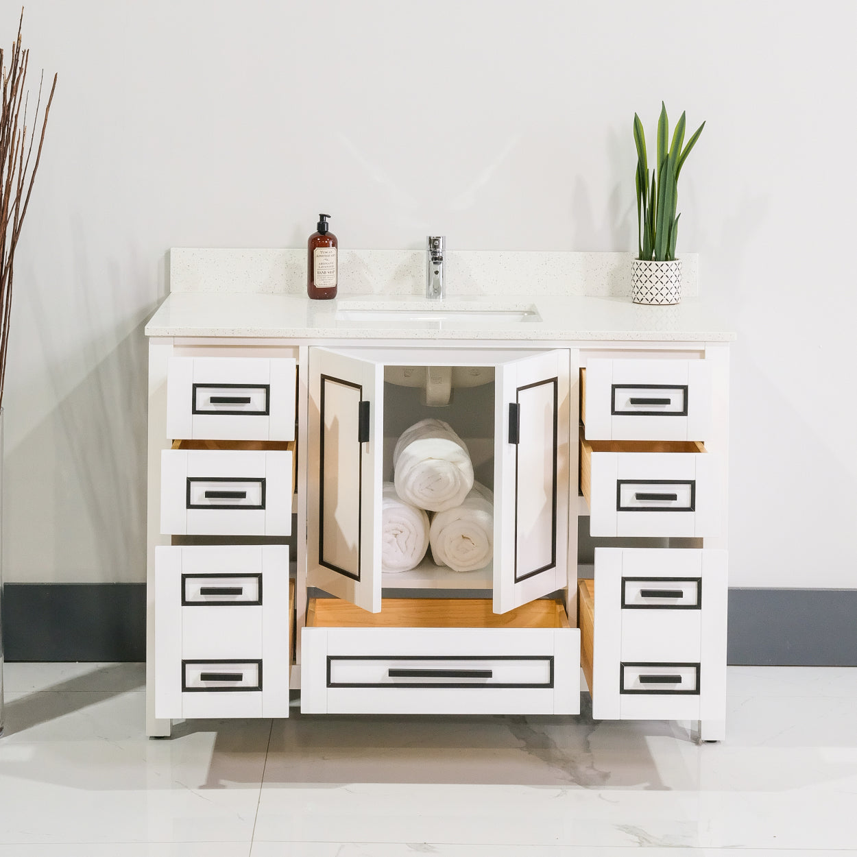 ALP-20A 48 Inch White with black trim solid wood single sink free standing bathroom vanity
