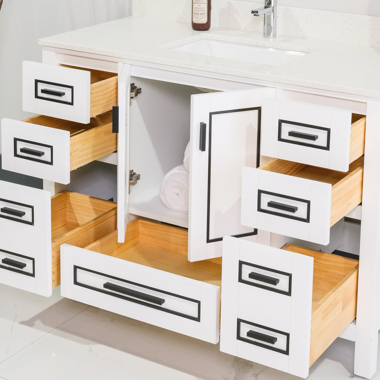 ALP-20A 48 Inch White with black trim solid wood single sink free standing bathroom vanity