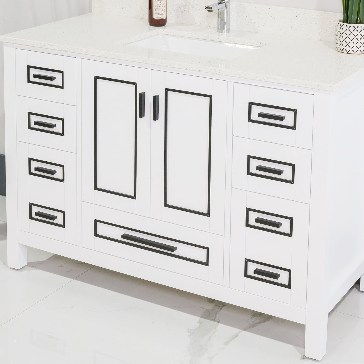 ALP-20A 48 Inch White with black trim solid wood single sink free standing bathroom vanity