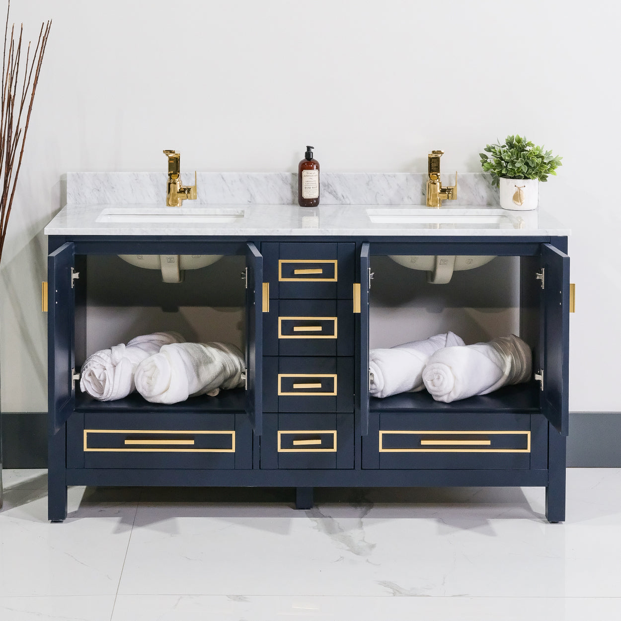 ALP-20A 60 Inch Blue with gold trim solid wood double sink free standing bathroom vanity