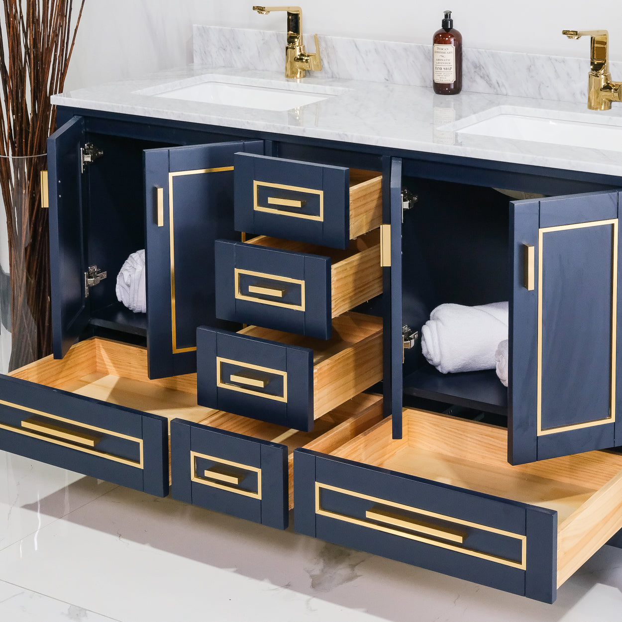 ALP-20A 60 Inch Blue with gold trim solid wood double sink free standing bathroom vanity