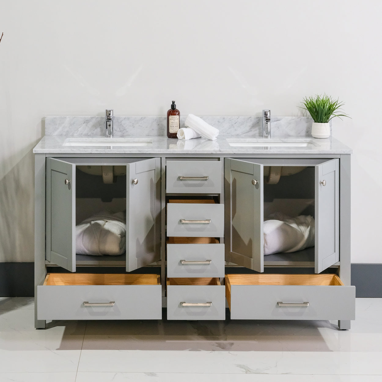 ALP-20 60 Inch Metal Grey solid wood double sink free standing bathroom vanity