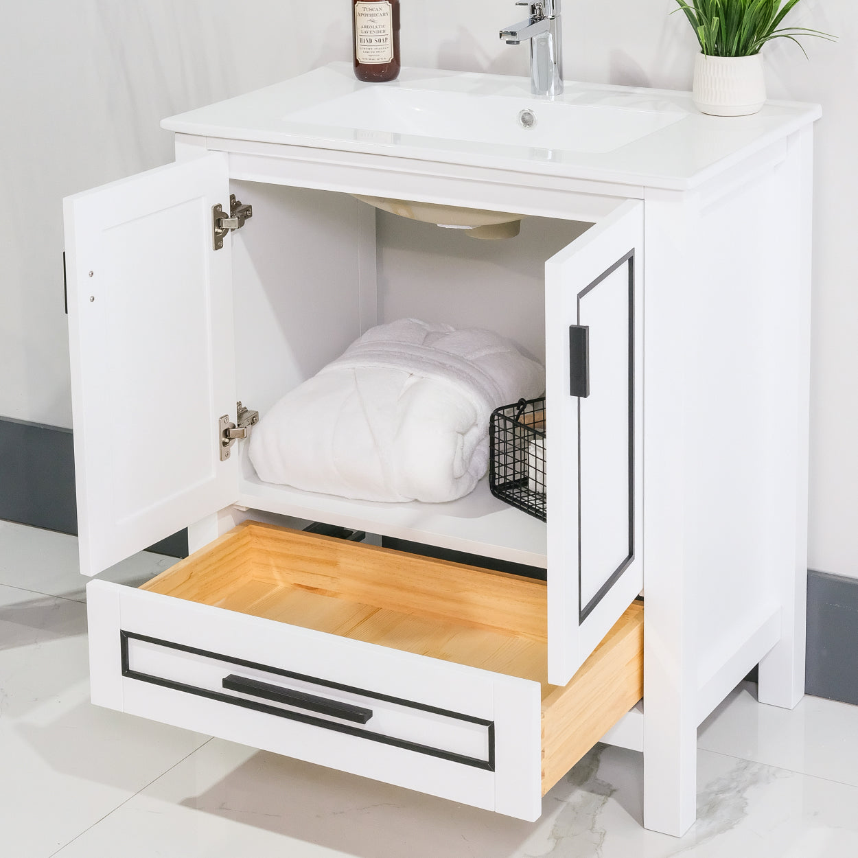 ALP-20A 30 Inch White solid wood single sink free standing bathroom vanity