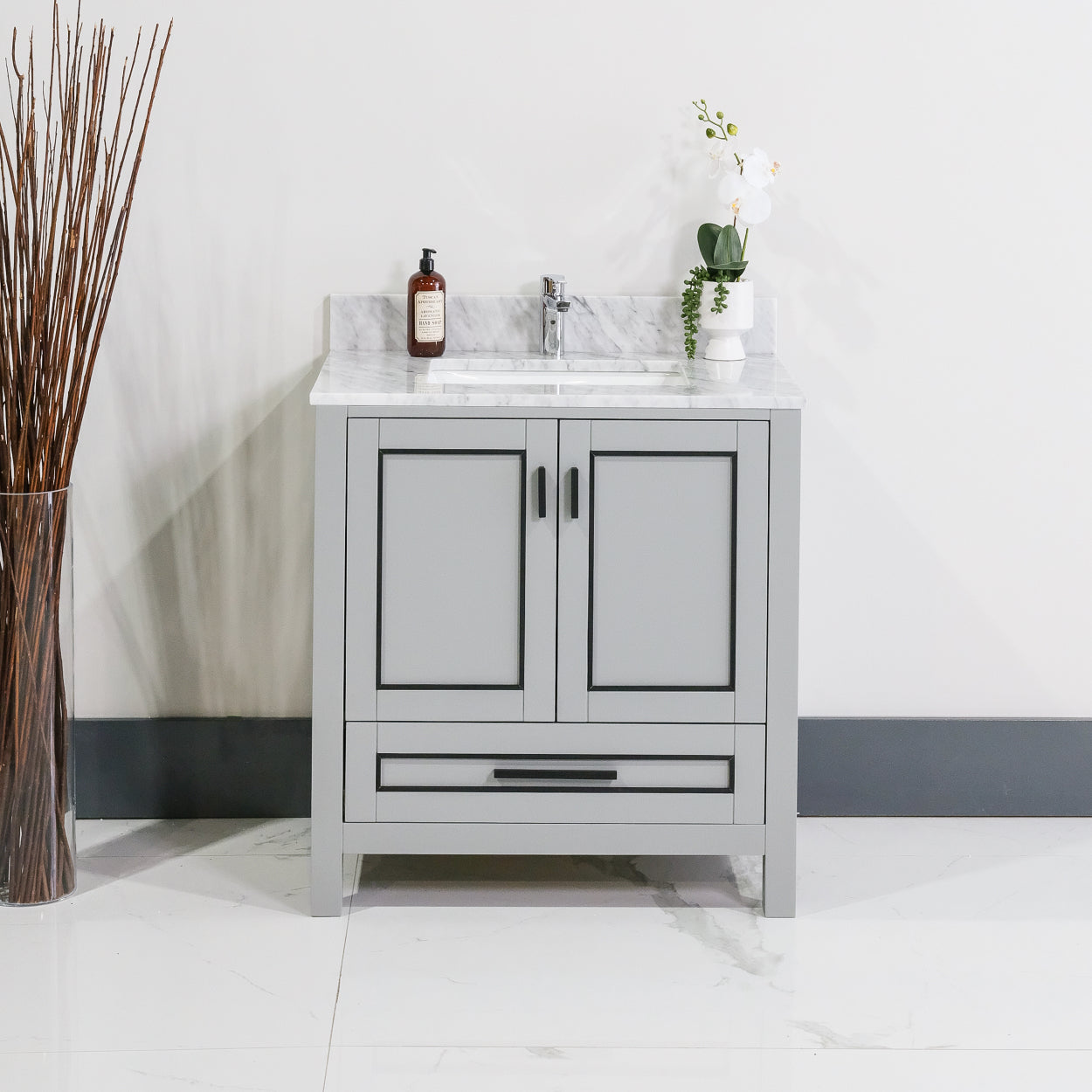 ALP-20A 32 Inch Metal Grey with black trim solid wood single sink free standing bathroom vanity