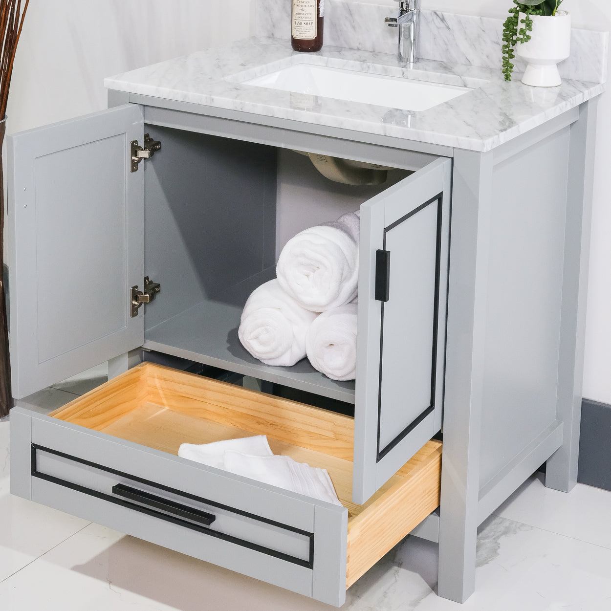 ALP-20A 32 Inch Metal Grey with black trim solid wood single sink free standing bathroom vanity