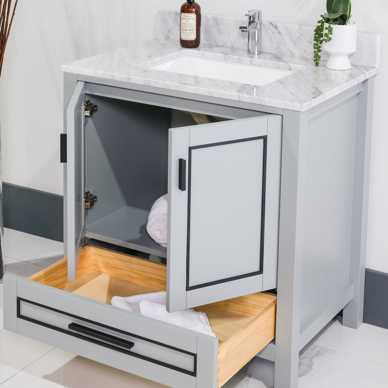 ALP-20A 32 Inch Metal Grey with black trim solid wood single sink free standing bathroom vanity