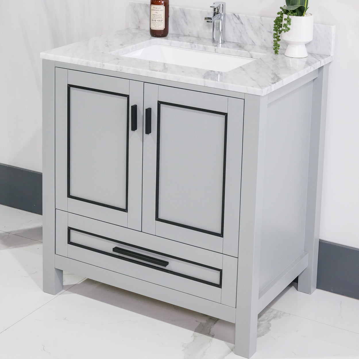 ALP-20A 32 Inch Metal Grey with black trim solid wood single sink free standing bathroom vanity