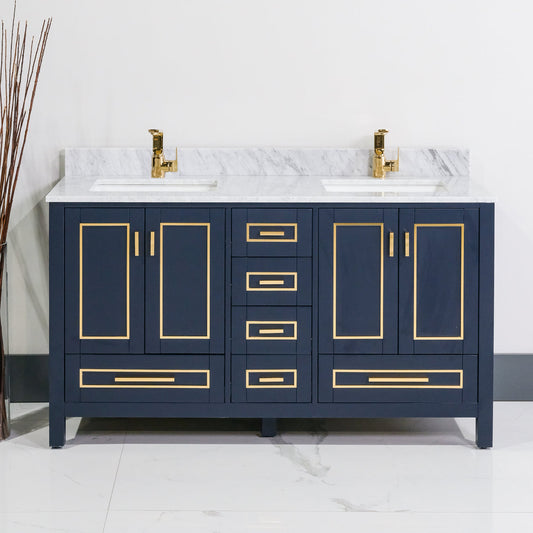 ALP-20A 60 Inch Blue with gold trim solid wood double sink free standing bathroom vanity