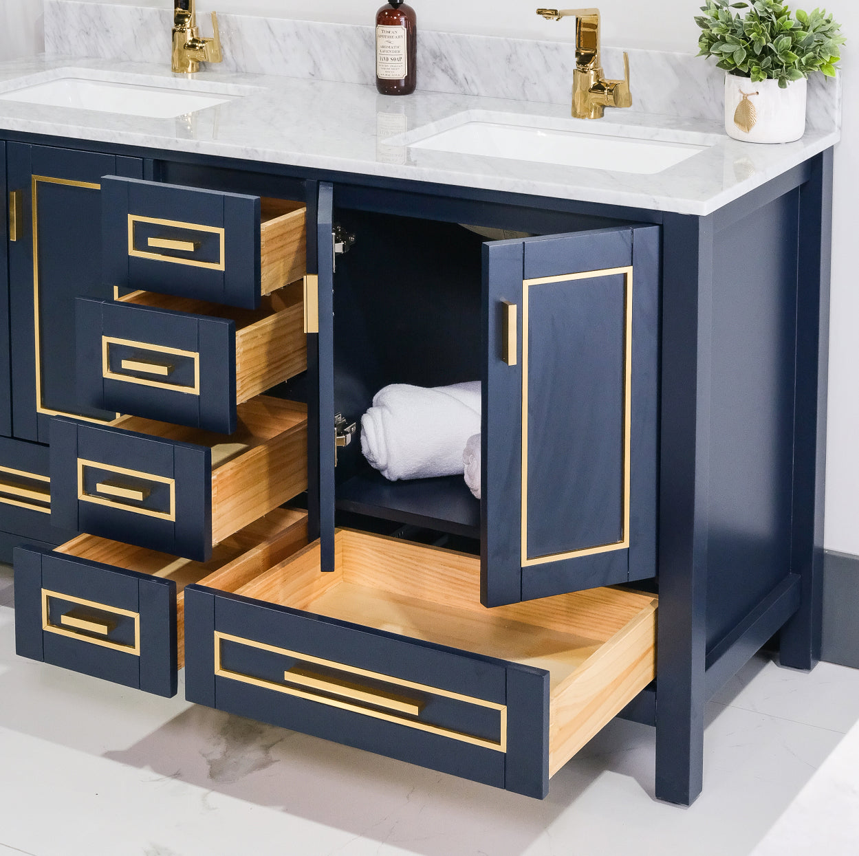 ALP-20A 60 Inch Blue with gold trim solid wood double sink free standing bathroom vanity