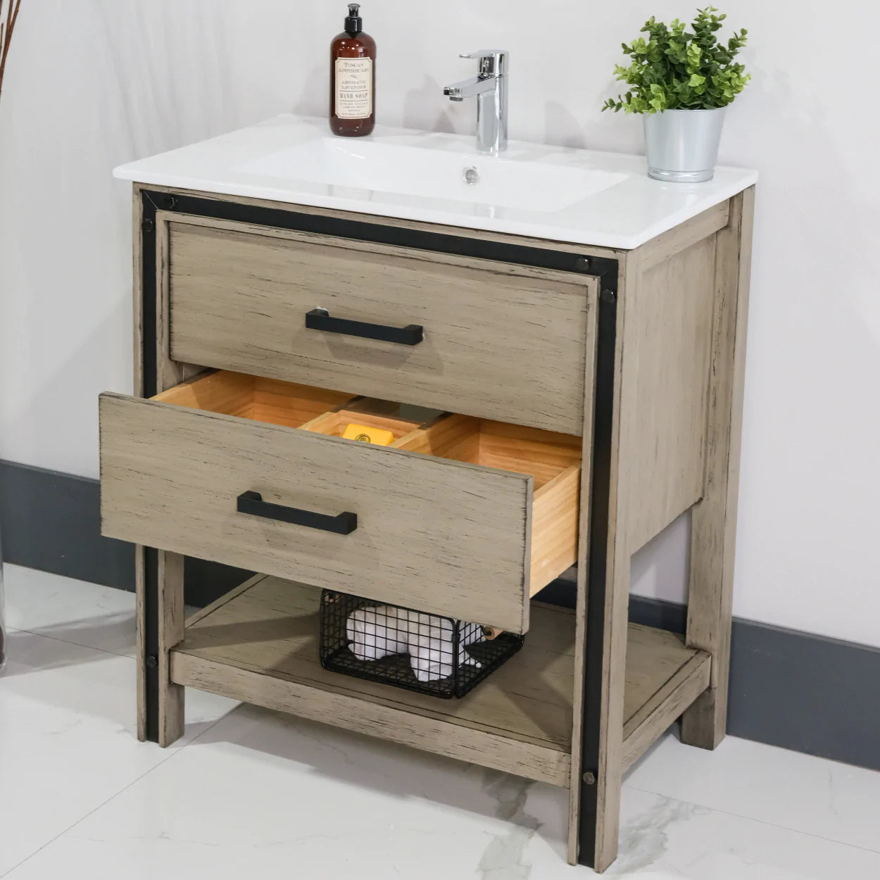 ALP-25 30 Inch Antique Grey solid wood single sink free standing bathroom vanity