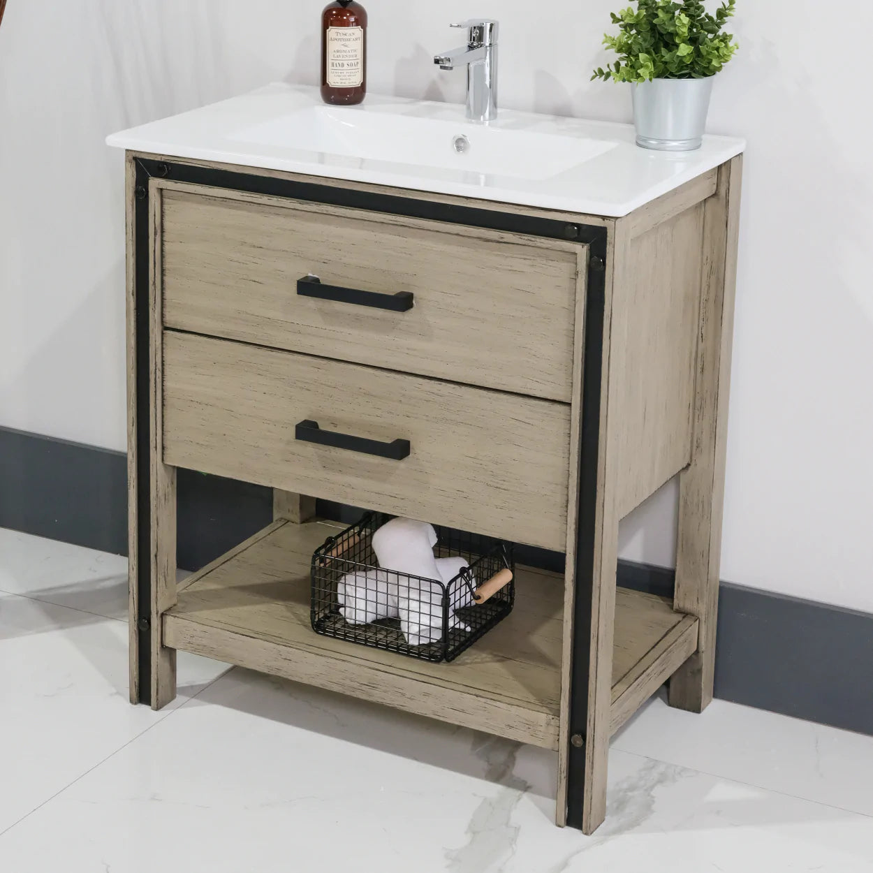 ALP-25 30 Inch Antique Grey solid wood single sink free standing bathroom vanity